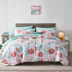 7 Piece Bed In A Bag Bed Comforter Set Queen, Fashion Starfish Coral Print, Boho Print Comforter And Sheet, Pillowcase Set,