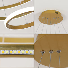Modern LED Chandelier for High Ceiling, Dimmable 3-Ring Gold Pendant Light with Remote Flush Mount Ceiling Light for Living Room