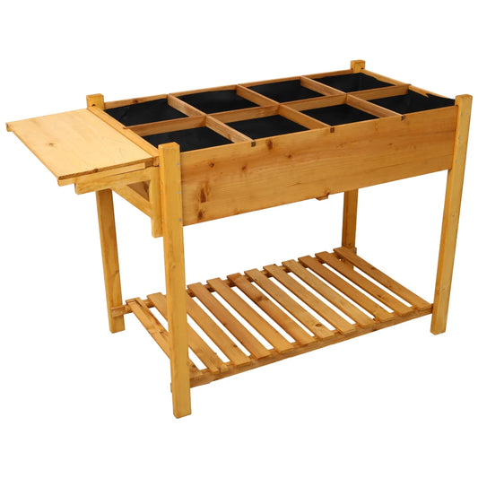 8 Pockets Horticulture Raised Garden Bed Elevated Wood Planter Box Stand with Foldable Side Table and Storage Shelf for Herb