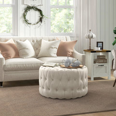 Beige Button-Tufted Ottoman Footstool – Velvet-Feel Upholstery, Elegant Round Design