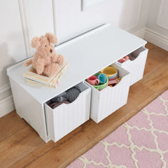 Nantucket Wood Storage Bench with Removable Bins Indoor Seating Toy Organizer Kids Furniture Playroom Storage Solution