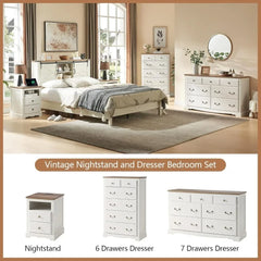 Farmhouse 4 Pieces Bedroom Sets Includes 7Drawers Dresser 6 Dresser Organizer, Two Nightstands with Charging Station Bedroom Set