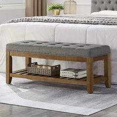 Bench, Large Rectangular Upholstered Tufted Linens Fabric Ottoman Benches, Padded Benches with Solid Wood Shelf-Linen, Bench