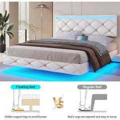 King Size Floating Bed Frame with LED Lights & USB Ports, Faux Leather Upholstered Platform Bed