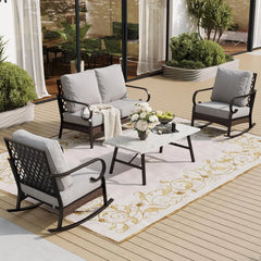 4 Piece Metal Outdoor Patio Furniture Set, Patio Conversation Sets 2-Seater Sofa, 2 Single Sofa and Coffee Table