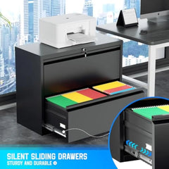 2 Drawer Filing Cabinet, Black Lateral File Cabinet with Lock, Office File Cabinets for Legal/Letter/A4/F4 Size with Hanging F