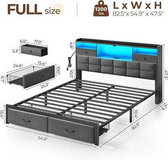 Queen Size Bed Frame with Drawers & Charging Station, Upholstered Platform Bed with LED Storage Headboard