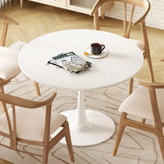 Modern Round Dining Table – Mid-Century Kitchen Table with Faux Marble Top & Pedestal Base