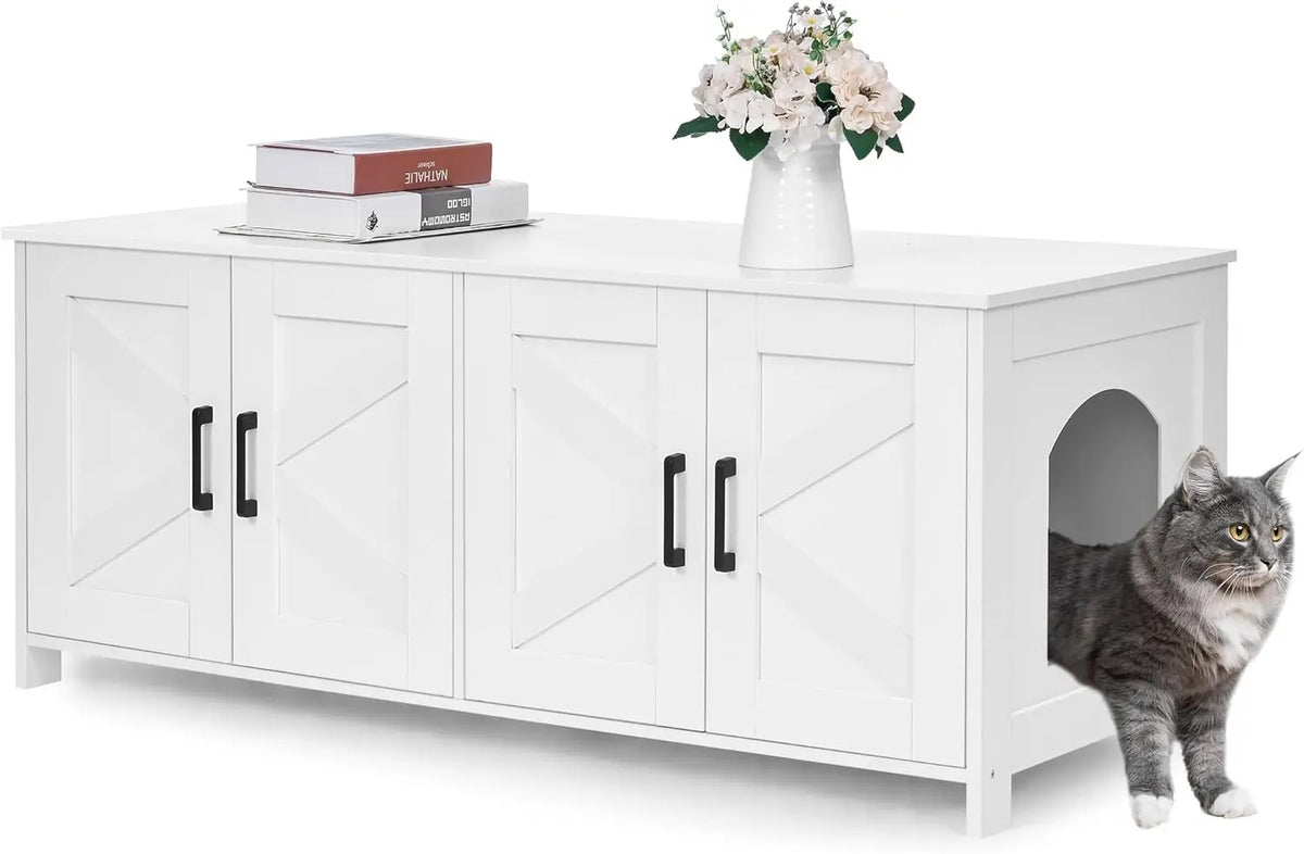 Cat Litter Box Enclosure For 2 cats, Litter Box Furniture Hidden with Double Room,Wooden Cat Washroom Furniture,Cat House