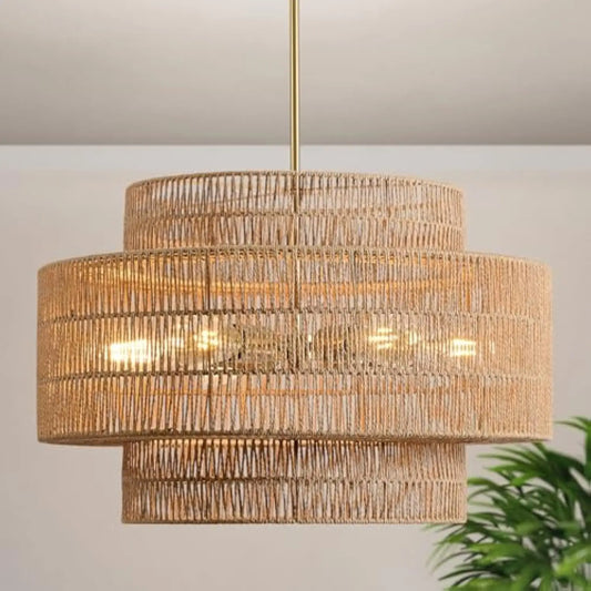 24” Boho Large Rattan Chandelier Light Fixture, 6-Light Large Hand Woven Pendant Light Fixture Farmhouse Rustic Chandeliers for