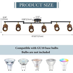 Modern 6-light track lighting, 47-inch, natural wood adjustable cap, brass accent, matte black ceiling track light