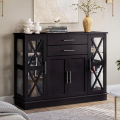 Sideboard Buffet, 47 Inch Storage Console Table Coffee Bar Kitchen Cupboard Pantry Glass Display Cabinet for Lving Entryway