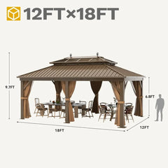 12x18ft Hardtop Heavy Duty Double Roof Outdoor Upgraded Galvanized W/Nettings Curtains Steel Combined of Horizontal Vertical