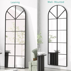 Arched Window Finished Full Length Mirror, Wall Mirror Metal Frame Home Decor Mirror Windowpane Mirror, Wall Mounted or Leaning