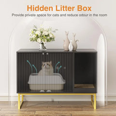 Cat Litter Box Enclosure, Fluted Hidden Litter Box Furniture with Scratch Pad and Metal Legs, Modern Enclosed Cat Cabinet