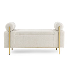 Elegant Upholstered Linen Storage Bench with Cylindrical Arms & Iron Legs, Beige, for Hallway, Living Room, Bedroom