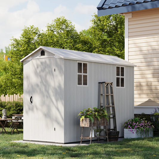 Victone 4x8 FT Plastic Outdoor Storage Shed With Floor, Resin Outside Tool Shed With Windows And Lockable Doors , White