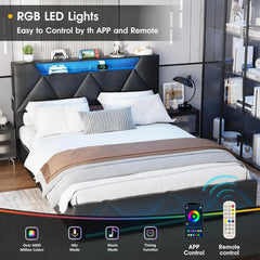 Vabches Queen Bed Frame with Storage Headboard and 4 Drawers,Upholstered Platform with Charging Station and Led Lights,Adjustabl