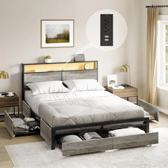 Queen Bed Frame with Storage Headboard and 4 Drawers Bed Frame Queen Size with Charging Station LED Lights Metal
