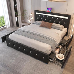 Queen Size Bed Frame with 4 Drawers, Adjustable LED Headboard, PU Leather Upholstered Storage Platform Bed with USB Charging Station