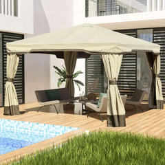 12x12 FT Outdoor Aluminum Gazebo with Privacy Curtains and Netting, Brown Canopy Shelter for Patio, Garden, Yard, Lawn