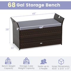 Outdoor Bench with Hand-woven PE Rattan Wicker Cushion & Side Handles Storage