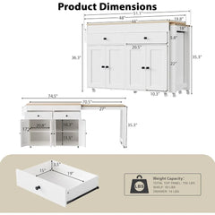 74.5" Rolling Kitchen Island on Wheels with Extendable Dining Table, Storage Cart with 4 Door Cabinet, Spice Rack