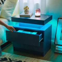 Nightstand LED Bedside Table for Bedroom Modern Night Stand with 2 Wood Drawers End Side Table for Bedroom
