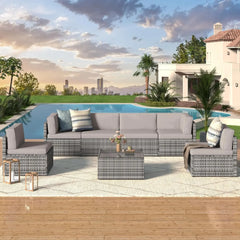 7 Piece Outdoor Patio Furniture Set, PE Rattan Outdoor Grey Wicker Furniture, Outdoor Sectional Furniture Chair Set with Cushion