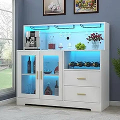 Wine Bar Cabinet with LED Light, Home Coffee Cabinet with Wine and Glass Rack, Kitchen Buffet Sideboard with Storage Cabinet&Dra