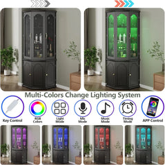 Corner Bar Cabinet w/LED Lights, Tall Modern Wine Cabinet with Tempered Glass Door & Adjustable Shelves, Home Bar Liquor Storage