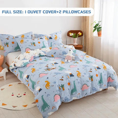 Kids Duvet Cover Set Full Size, Cotton Cartoon Car Truck Bedding Set for Boys Girls, 3 Pieces Soft Breathable White Yellow Plaid