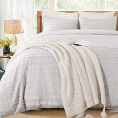 Duvet Cover Queen Size, Navy 3 Pieces Boho Tufted Duvet Cover Set, Soft and Lightweight Microfiber Comforter Cover Set