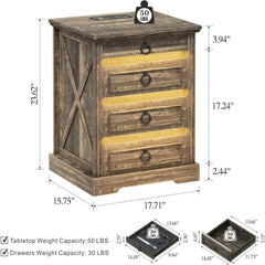 Bedside Table Set of 2 with Charging Station, LED Night Stand with Gun Drawer, Farmhouse Nightstands for Bedroom, End Table Rust