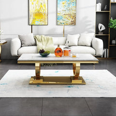 47" White Faux Marble Coffee Table with Gold Stainless Steel Base – Modern Luxury Center Table