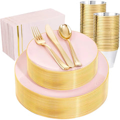 350PCS Pink and Gold Plastic Plates - Pink Disposable Plastic Dinnerware Set, Disposables Party Tableware
