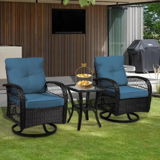 3 Pieces Patio Furniture Set, Outdoor Wicker Patio Chairs with Thick Cushions and Glass Coffee Table
