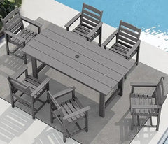 Outdoor HDPE Dining Table Set, 7-Piece Outdoor Dining Table Sets with Umbrella Hole Cut-Out Table and 6 Chairs, Gray