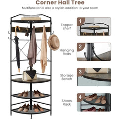 4-Tier Corner Coat Rack with Shoe Storage Entryway, Hall Tree with Bench and 6 Metal Hooks, Freestanding Clothes Rack