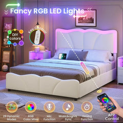 MSmask Queen Bed Frame with 4 Storage Drawers and LED Lights, Velvet Upholstered Platform Bed Frame with Height Adjustable Headb