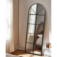 Floor Full Length Mirror, Black Arched-Top, Large Window Pane Mirror, Wall Mounted Mirror, 65"x22" Standing Mirror Hanging