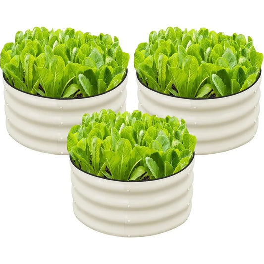 3 Pcs 2x2x1ft Round Galvanized Raised Garden Bed Kit Outdoor, Metal Planter Box for Planting Plants Vegetables, White