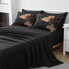 7 Piece Bed in a Bag King Size Comforter Set Black Bedding,Gold Butterfly Leaves Printed on Black Reversible Duvet Cover Set