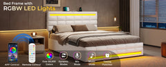 Queen Bed Frame with Drawers, LED Bed Frame with Charging Station, Pu Leather Platform Bed Frame Queen Size with Storage