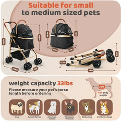 Dog Stroller, Cat Stroller – Zipperless Entry, Easy Fold with Removable Liner, Storage Basket + Cup Holder, Black