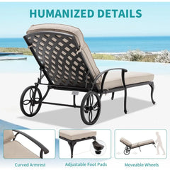 Outdoor Chaise Lounge Chair with Cushion - Poolside Set of 1 Chairs for Outside Cast Aluminum Waterproof Lounger, Lounge Chair