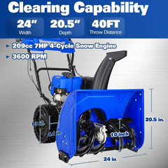 24-Inch Self-Propelled Gas Snowblower, 209cc with Electric Start and LED Headlight, for Driveway Snow Removal.