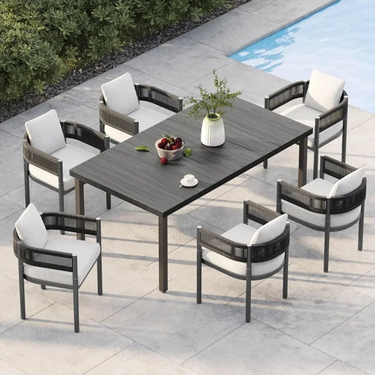 Outdoor Dining Set for 6, 7 PCS Patio Table and Chairs Set, Metal Woven Wicker Fixed Patio Chairs with Thickened Cushions