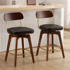 PU Leather Swivel Counter Stools Set of 2, Modern Button Tufted 26" Seat Height Low Bar Stools with Wooden Legs Upholst