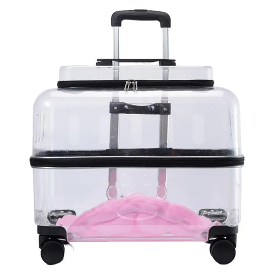 Easy to Clean Pet Carrier Transparent Cat Carrier with Wheels for Travel Hiking Spacious Pet Trolley Case with Breathable Holes